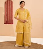 Yellow cotton silk embroidered kurta set