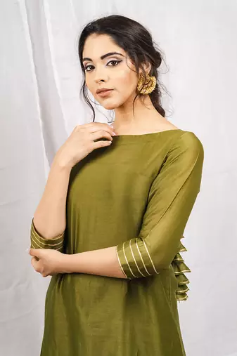 Olive green embroidered a-line kurta set