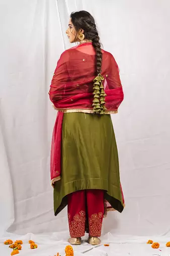 Olive green embroidered a-line kurta set