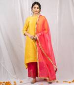 Yellow silk chanderi embroidered kurta set