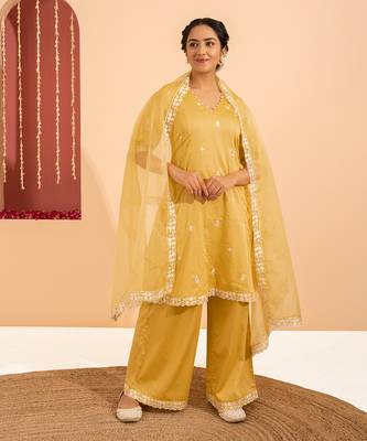 Yellow cotton silk embroidered kurta set 2