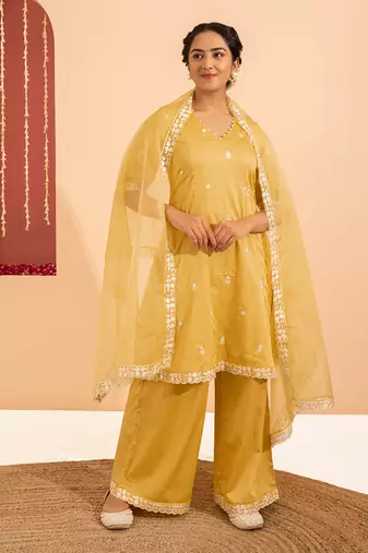 Yellow cotton silk embroidered kurta set