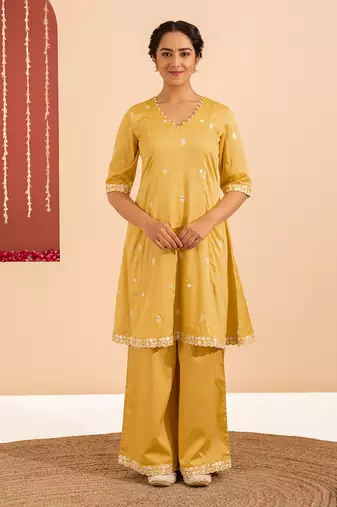 Yellow cotton silk embroidered kurta set