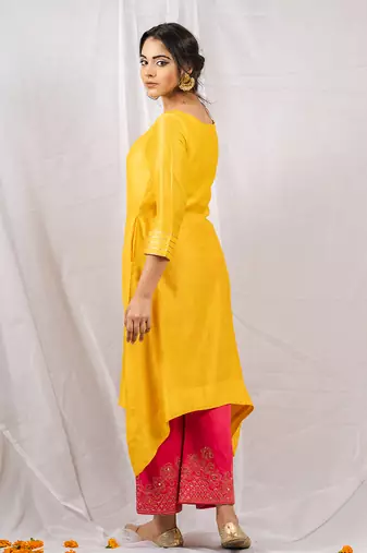 Yellow silk chanderi embroidered kurta set