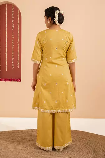 Yellow cotton silk embroidered kurta set