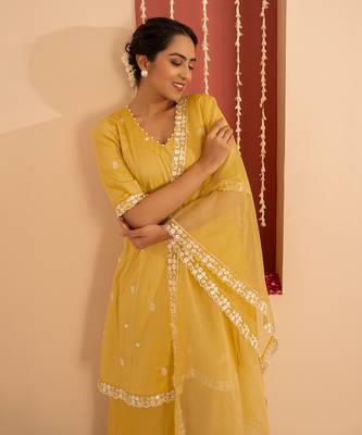Yellow cotton silk embroidered kurta set 5