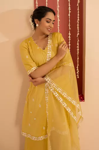 Yellow cotton silk embroidered kurta set