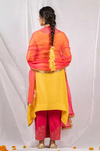 Yellow silk chanderi embroidered kurta set