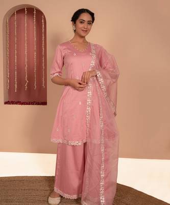 Pink cotton silk embroidered kurta set 1