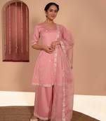 Pink cotton silk embroidered kurta set