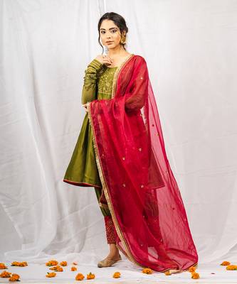 Olive green embroidered  short anarkali kurta set 1