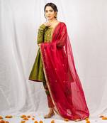 Olive green embroidered  short anarkali kurta set