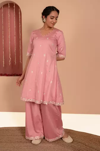 Pink cotton silk embroidered kurta set