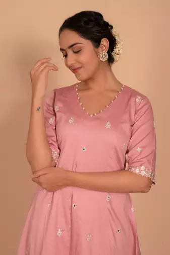 Pink cotton silk embroidered kurta set