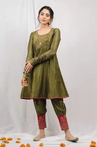 Olive green embroidered  short anarkali kurta set