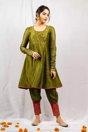 Olive green embroidered  short anarkali kurta set