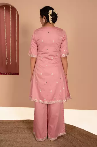 Pink cotton silk embroidered kurta set