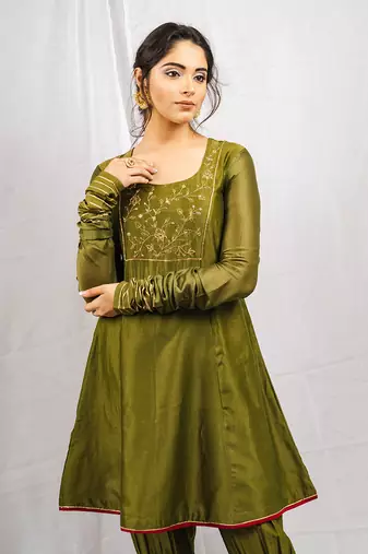 Olive green embroidered  short anarkali kurta set
