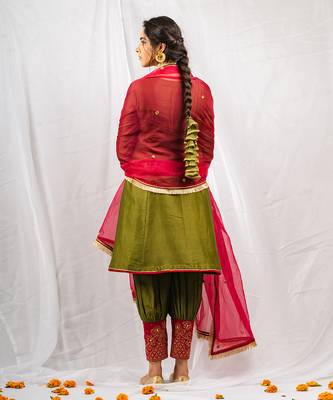 Olive green embroidered  short anarkali kurta set 5