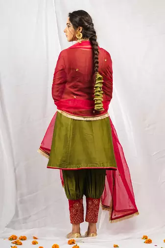 Olive green embroidered  short anarkali kurta set