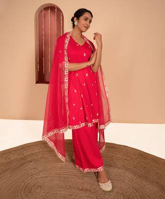 Magenta cotton silk embroidered kurta set 1