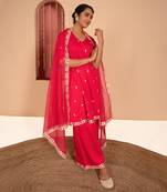 Magenta cotton silk embroidered kurta set