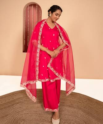 Magenta cotton silk embroidered kurta set 2