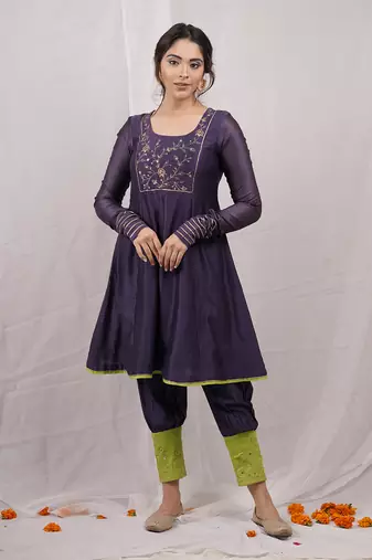 Navy blue embroidered  short anarkali kurta set
