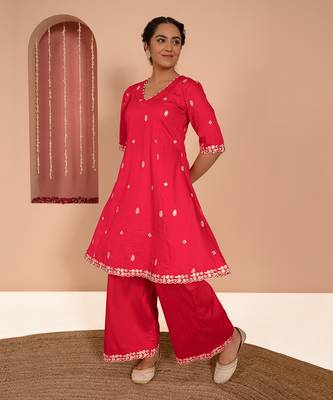 Magenta cotton silk embroidered kurta set 3