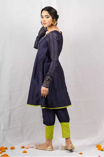 Navy blue embroidered  short anarkali kurta set