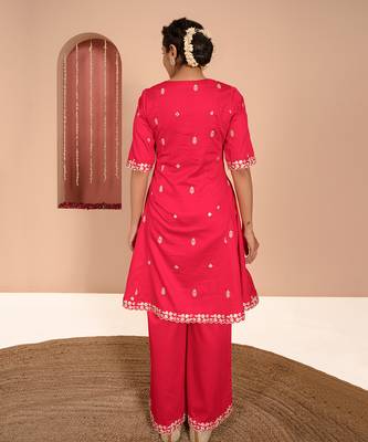 Magenta cotton silk embroidered kurta set 4