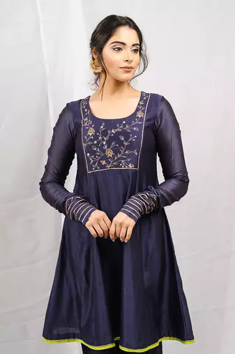 Navy blue embroidered  short anarkali kurta set