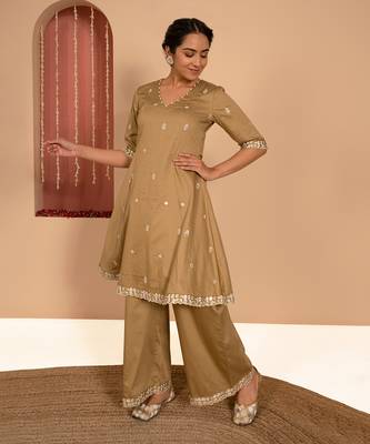 Olive green cotton silk embroidered kurta set 2