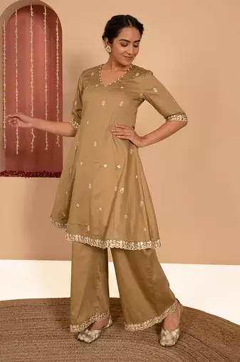 Olive green cotton silk embroidered kurta set