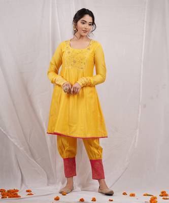 Yellow embroidered  short anarkali kurta set 2
