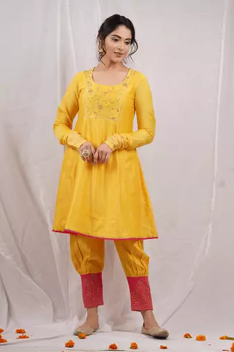 Yellow embroidered  short anarkali kurta set