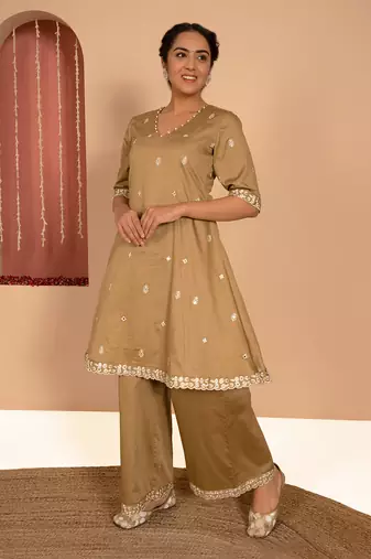 Olive green cotton silk embroidered kurta set