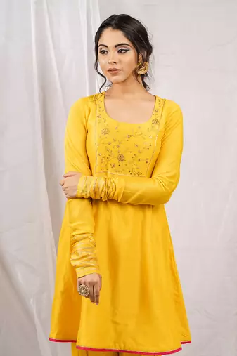 Yellow embroidered  short anarkali kurta set