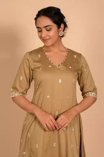 Olive green cotton silk embroidered kurta set