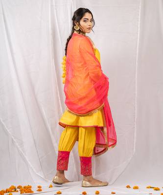Yellow embroidered  short anarkali kurta set 4