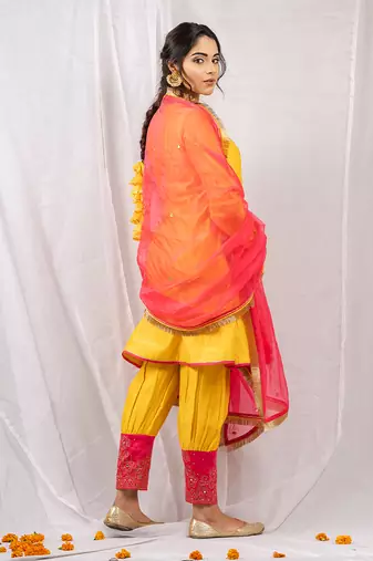 Yellow embroidered  short anarkali kurta set