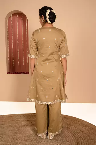 Olive green cotton silk embroidered kurta set