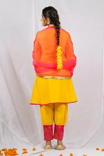 Yellow embroidered  short anarkali kurta set