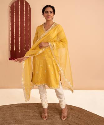 Yellow cotton silk gold zari handwork kurta set 1