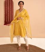 Yellow cotton silk gold zari handwork kurta set
