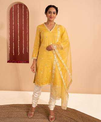 Yellow cotton silk gold zari handwork kurta set 2