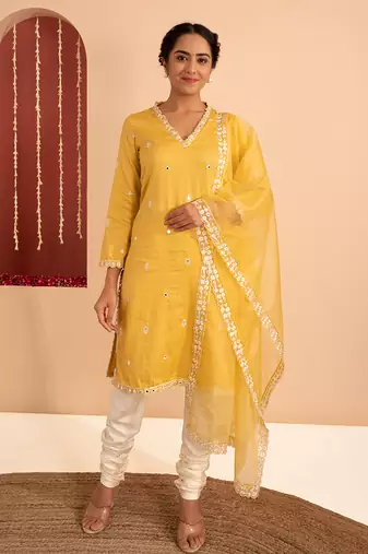 Yellow cotton silk gold zari handwork kurta set