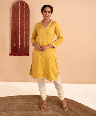 Yellow cotton silk gold zari handwork kurta set 3