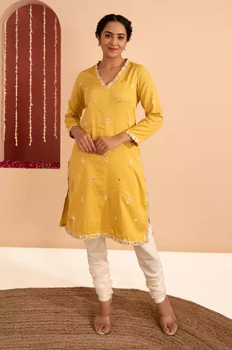 Yellow cotton silk gold zari handwork kurta set