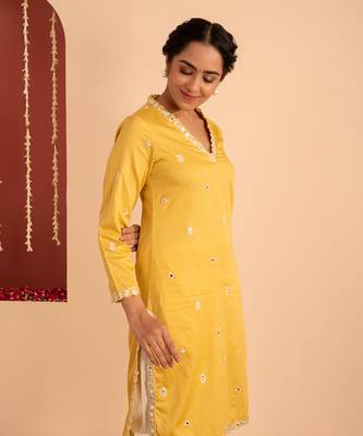Yellow cotton silk gold zari handwork kurta set 4